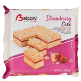 Balconi - Strawberry Cake - 400g: An oven-baked treat with layers of sponge cake, strawberry filling, and white chocolate shavings. Net weight: 14.1 oz (400g).